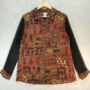 Soft Surroundings Button Down Blouse Sheer Sleeve Animal Print M‎